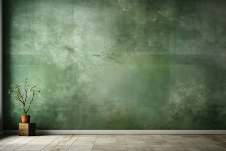 Empty room with green wall and wooden floor.の素材