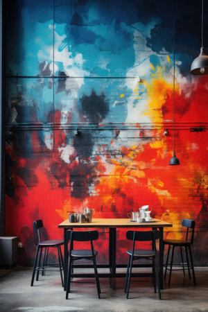 Interior of modern cafe with red and blue wall and black chairsの素材