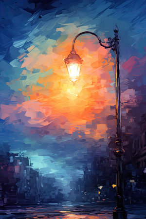 a street lamp in the middle of the city at sunsetの素材