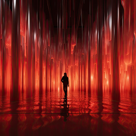 a man standing in the middle of a red tunnel.の素材