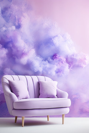 Modern bright interiors with violet sofa and cloudsの素材