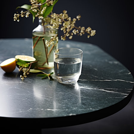Lemonade in a glass on a black marble table. Dark background.の素材