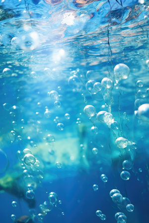 Underwater background with bubbles in blue water. Shallow depth of field.の素材
