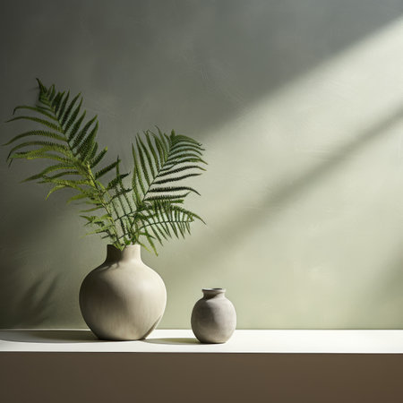 Vase with fern on shelf near wallの素材