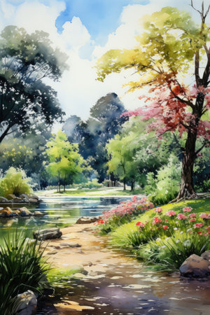 Watercolor spring garden with pond, trees, grass and flowers.の素材
