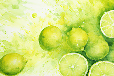 Watercolor lime background. Hand drawn illustration with lime slices and splashesの素材