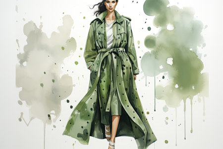Fashion model in green trench coat posing at studio with watercolor splash.の素材