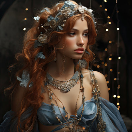 Portrait of a beautiful red-haired girl in a blue dress and a wreath on her head.の素材