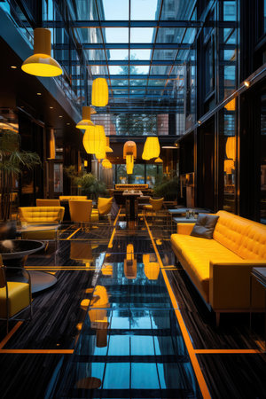 Interior of a cafe with yellow sofas and coffee tablesの素材