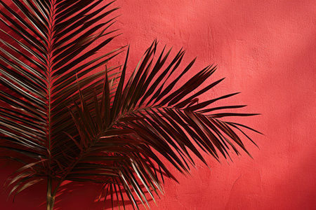 Tropical palm leaf on red background. Flat lay, top viewの素材