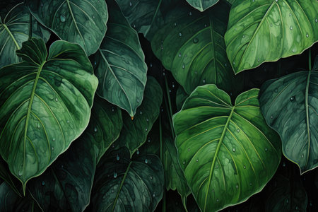Dark green tropical leaves background with water drops.の素材