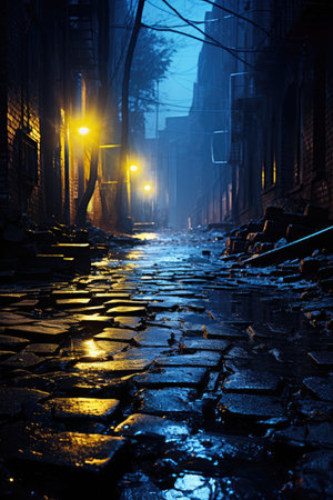 Old street in the fog at night in the old townの素材