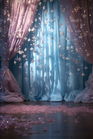 The curtains in the room are decorated with a garland of stars.の素材