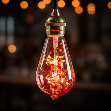 Retro style incandescent Edison light bulb on bokeh backgroundの素材