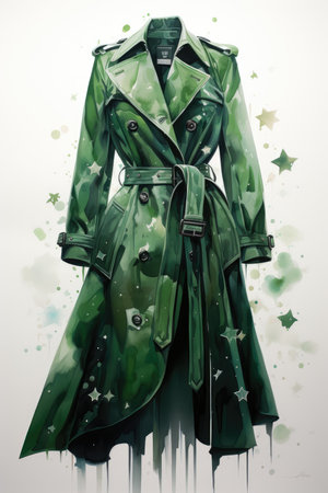 Watercolor Fashionable green coat on a white background.の素材
