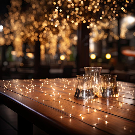 Empty glasses on a wooden table in a cafe with garlands on the backgroundの素材