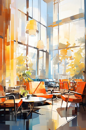 Illustration of a coffee shop with orange armchairs and tables.の素材