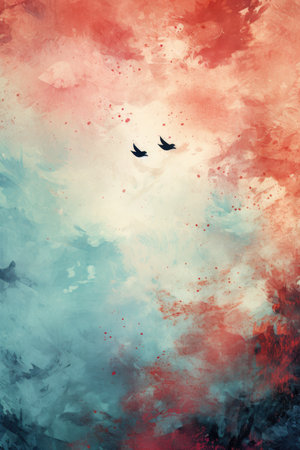 Watercolor abstract background with two birds in the sky.の素材