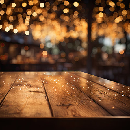 Wooden table in front of abstract blurred background with bokeh lightsの素材