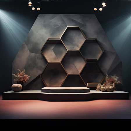 empty display podium for product presentation, stand with gold hexagonal pattern.の素材
