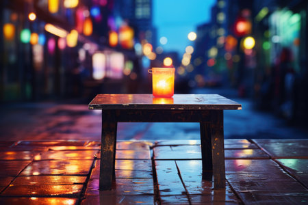 Candle on a table in the street at nightの素材