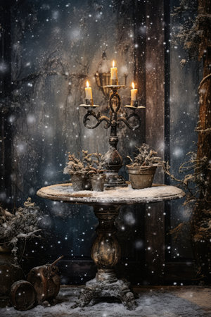 Vintage candlestick with candlesticks on a dark backgroundの素材
