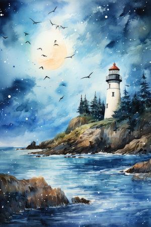 a lighthouse on the rocks with seagullsの素材