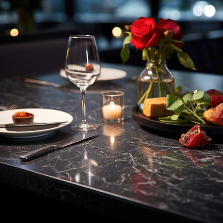 Romantic table setting with red roses on black marble table in restaurantの素材