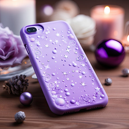 Purple smartphone with christmas decoration on wooden background.の素材