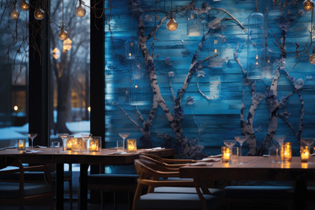 Luxury restaurant interior with burning candles on wooden tables and chairsの素材