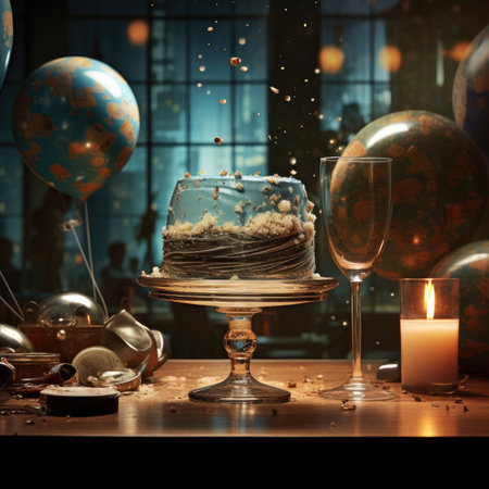 Birthday cake in a glass goblet with candles and balloonsの素材