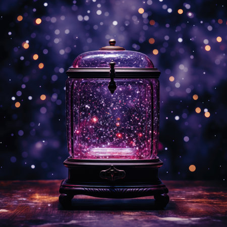 Vintage lantern on wooden background with bokeh lights and starsの素材