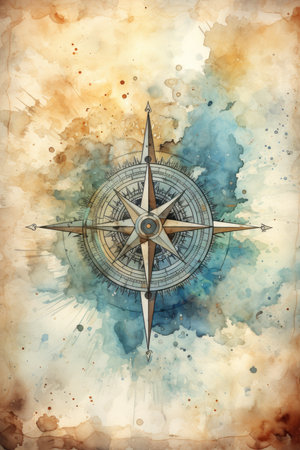 Compass on grunge watercolor background.の素材