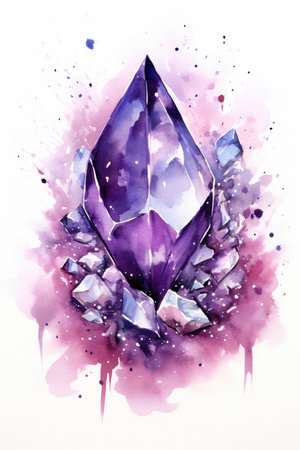 Watercolor purple gemstone on abstract watercolor background.の素材