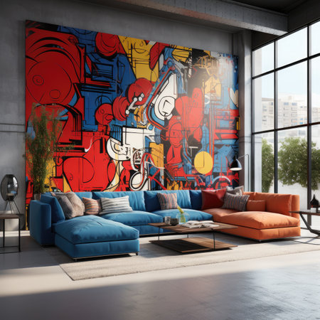 Interior of modern living room with blue sofa, coffee table and painting on wall.の素材