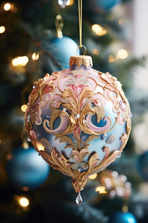Christmas decoration on the background of the Christmas tree, close-upの素材