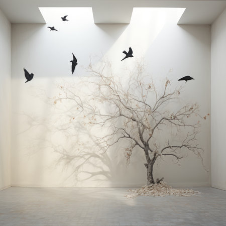 a white room with a tree and flying birdsの素材