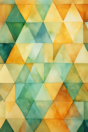 Watercolor background with triangles in green, yellow and blue colors.の素材