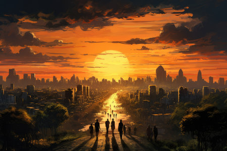 a group of people walking in the middle of the city at sunsetの素材