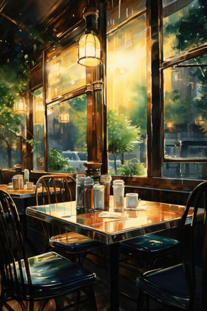 Tables and chairs in a cozy restaurant at sunset.の素材