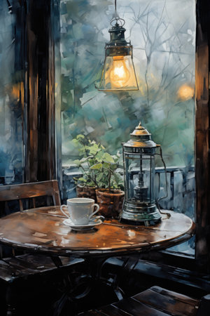 Lantern and coffee cup on a table in a cafe.の素材