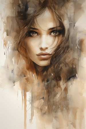 art portrait of a beautiful young woman with brown hair and smoky eyesの素材