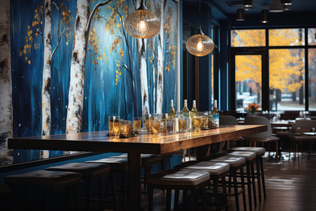 Tables and chairs in modern bar interior with trees and lanternsの素材