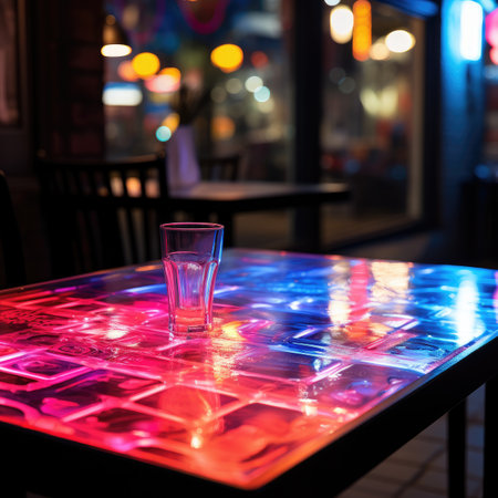 Glass of vodka on a table in a bar. Blurred backgroundの素材