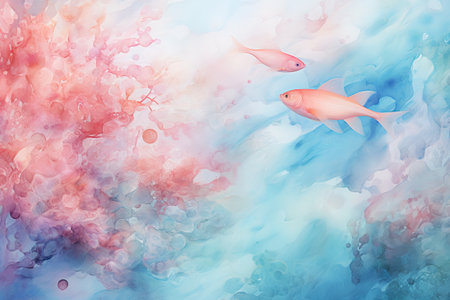 Abstract watercolor background with fish and splashes.の素材