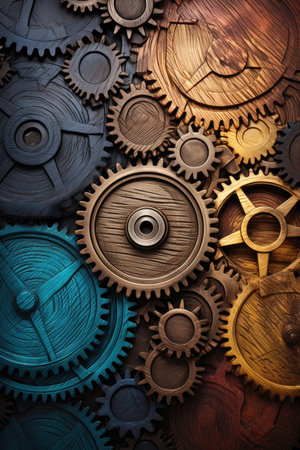 Gears and cogwheels on wooden background.の素材