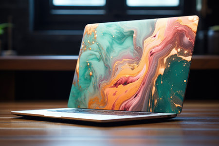 Laptop computer on wooden table in coffee shop, vintage color toneの素材