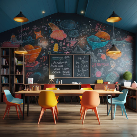 Interior of modern cafe with wooden walls, wooden floor, orange and blue chairs and blackboard with doodle drawingsの素材