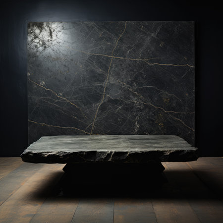 Empty black stone table in dark room. Mock upの素材