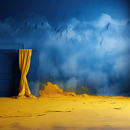 yellow curtains in front of a blue door.の素材